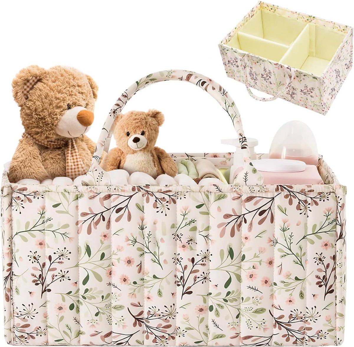 SnelShoppen - Diaper Bag Organiser - Verzorgingstas met Bloemenpatroon, Verwijderbare Compartementen, Diaper Organizer voor Baby Essentials, Baby Mand