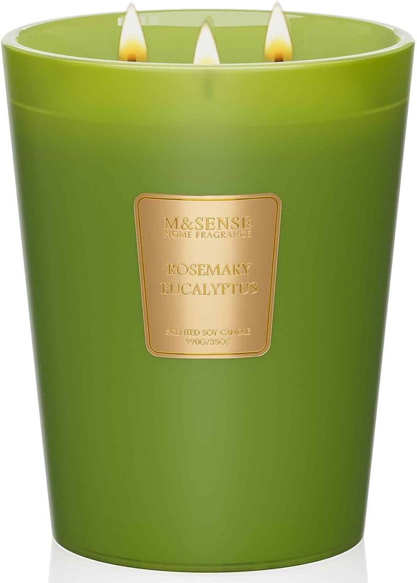 SnelShoppen - Extra Large Geurkaars - 990g - 150 Uur Brandduur - 3-Wick Soja Geurkaars met Rozemarijn en Eucalyptus - Sterke Geur voor Thuis - Perfect