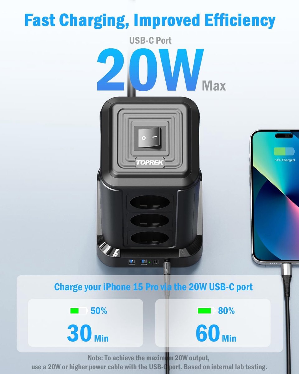 SnelShoppen - TOPREK 12-Weg Stekkerdoos met 4 USB Poorten, 20W USB-C Snelladen, 4000W/16A, Multifunctionele Stopcontacten Toren met Schakelaar, 2m Sno