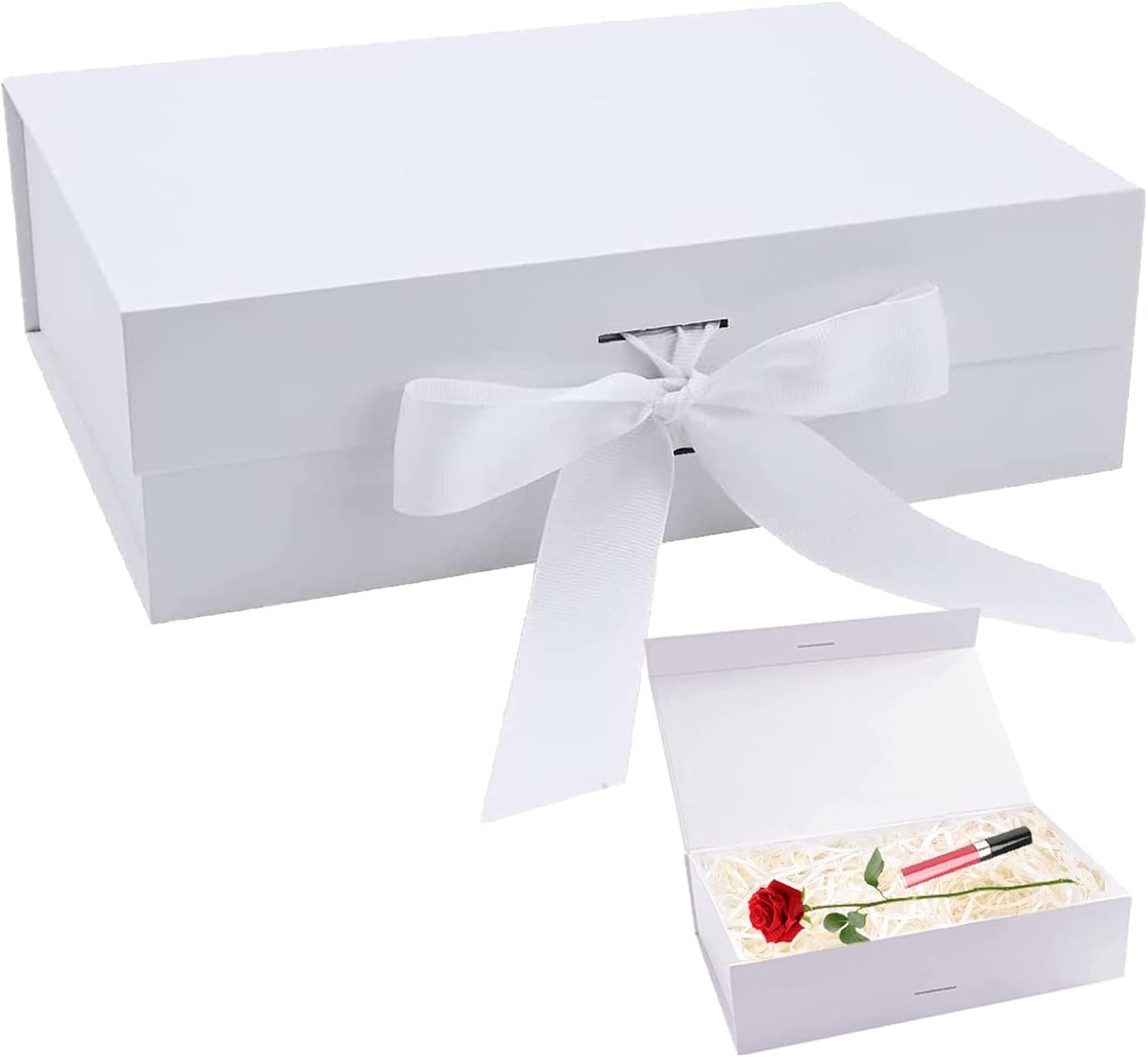 SnelShoppen - Gift Box met Strik, Magnetische Cadeaubox 21 x 17 x 7 cm, Herbruikbare Decoratieve Box voor Verjaardag, Bruiloft, Kerstmis (Wit)