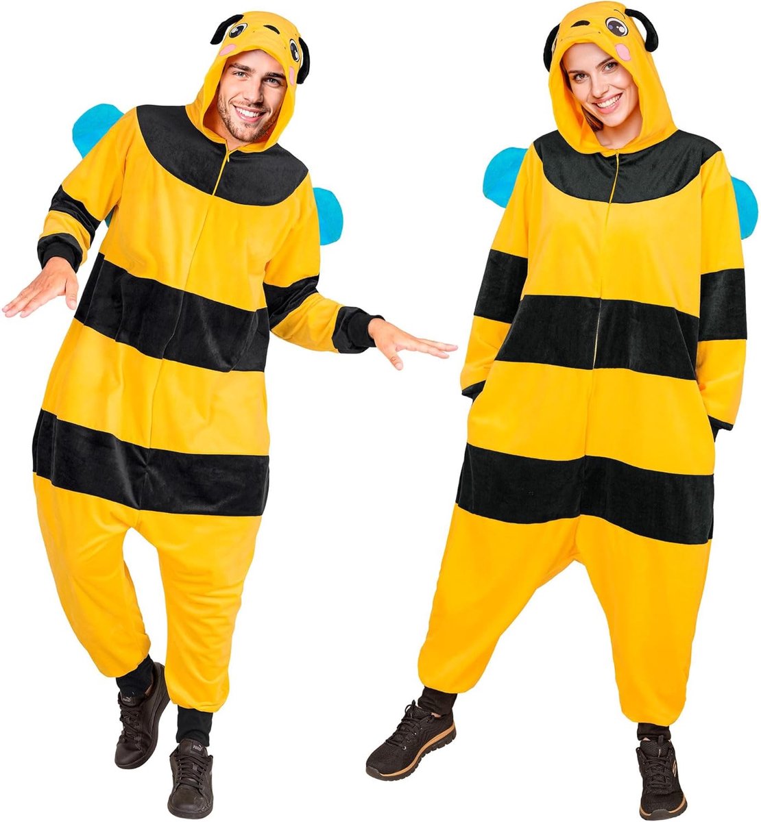 SnelShoppen - Cuddly Plush Jumpsuit voor Volwassenen - Geel Zwart Dierenkostuum met Kap - Perfect voor Carnaval, Themafeesten en Thuisgebruik - L/XL