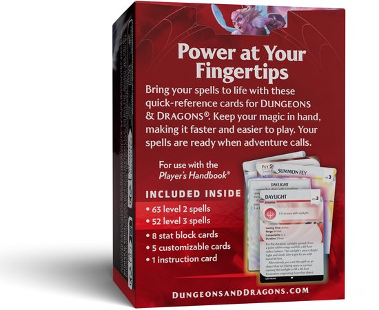 Doos met D&D Spells Level 2-3 kaarten, met uitleg over de inhoud en voorbeelden van spreukkaarten.