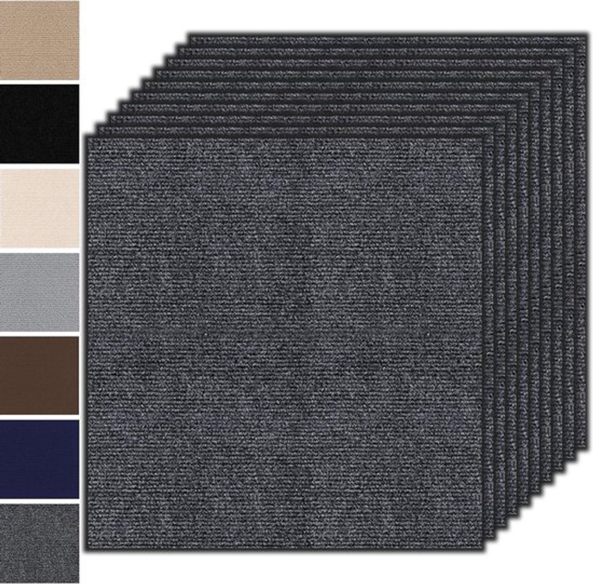 Zelfklevende Tapijttegels 50 x 50 cm - Set van 10 - Duurzaam Vloerbedekking voor Thuis, Kantoor en Commercieel Gebruik - Donkergrijs, 2.5 m², Eenvoudige Installatie, Comfortabele Voetcomfort
