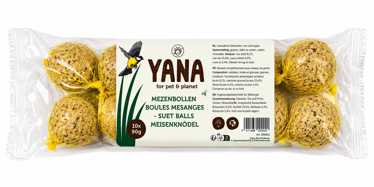 Vogelvoer - Vetbollen/ Mezenbollen voor Tuinvogels – 4 verpakkingen á 10stuks x 90 gram - Yana