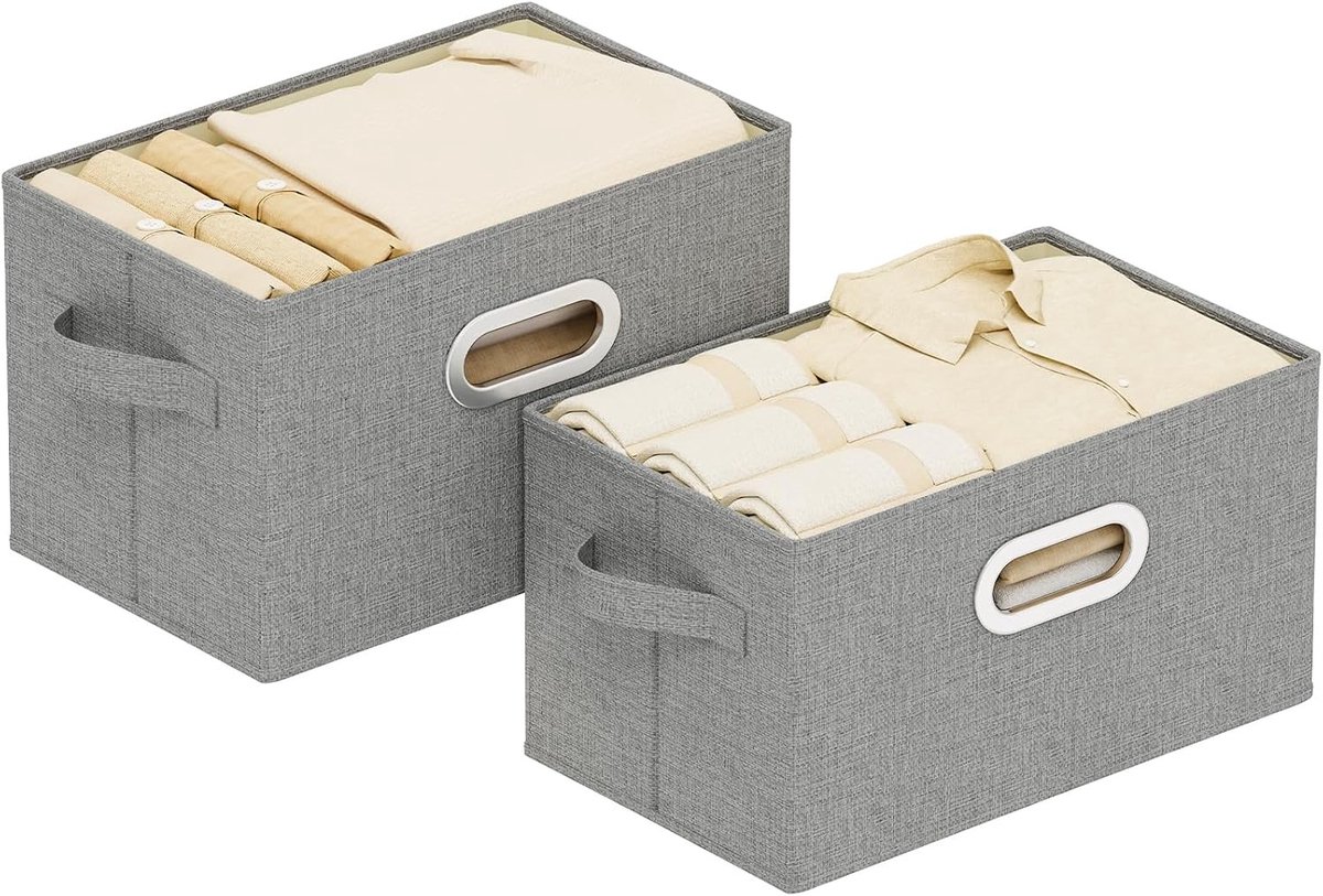Opvouwbare Linnen Opbergdozen zonder Deksel, 2 Stuks, Metalen Handgrepen voor Kledingopslag, 38 x 25 x 25 cm, Grijs, Ideaal voor Organisatie en Ruimtebesparing