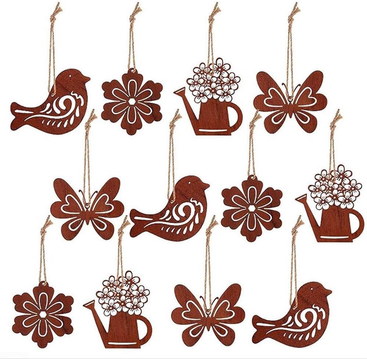 Vogel Silhouet Decoratie - Tuindecoratie Vogels - Buiten Decoreren - Roestige Ijzeren Afwerking - 12 Stuks - Roestbruin