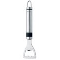Ouvre-bouteille argenté avec manche en acier inoxydable brossé et accent noir.