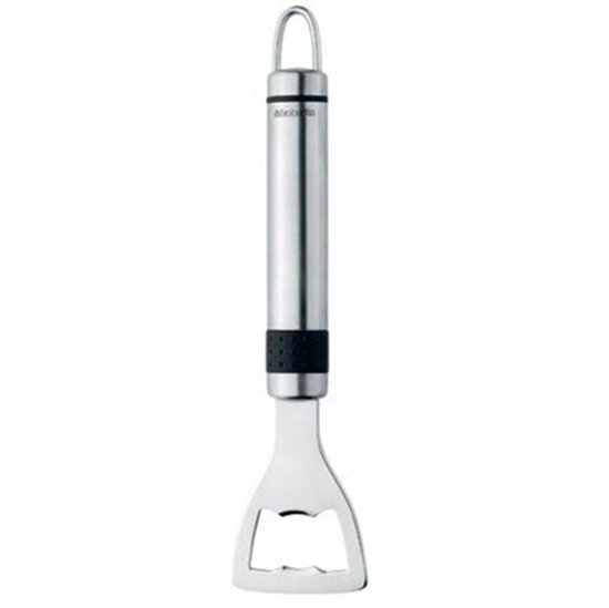Ouvre-bouteille argenté avec manche en acier inoxydable brossé et accent noir.
