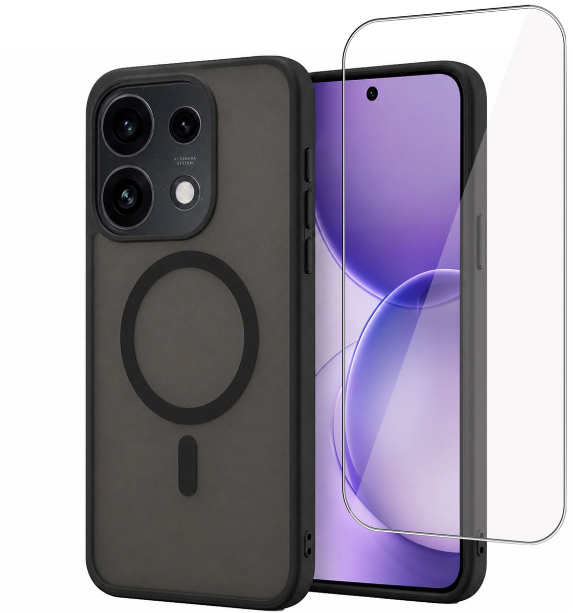 Hoesje + Screenprotector geschikt voor OPPO Reno 16 5G / Reno 16 Pro 5G Hoesje - Shock Proof Case geschikt voor Magsafe - Magnetisch - Gehard Glas- Zwart