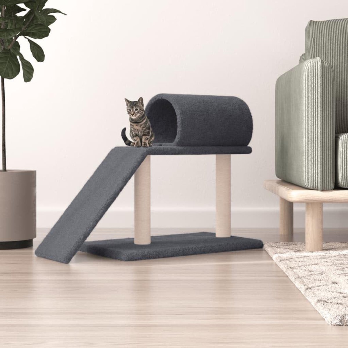 Krabpaal met Tunnel - Kattenboom Klimhuis - Spelen en Ontspannen - Met Ladder en Tunnel - 55.5 cm Hoog - Donkergrijs
