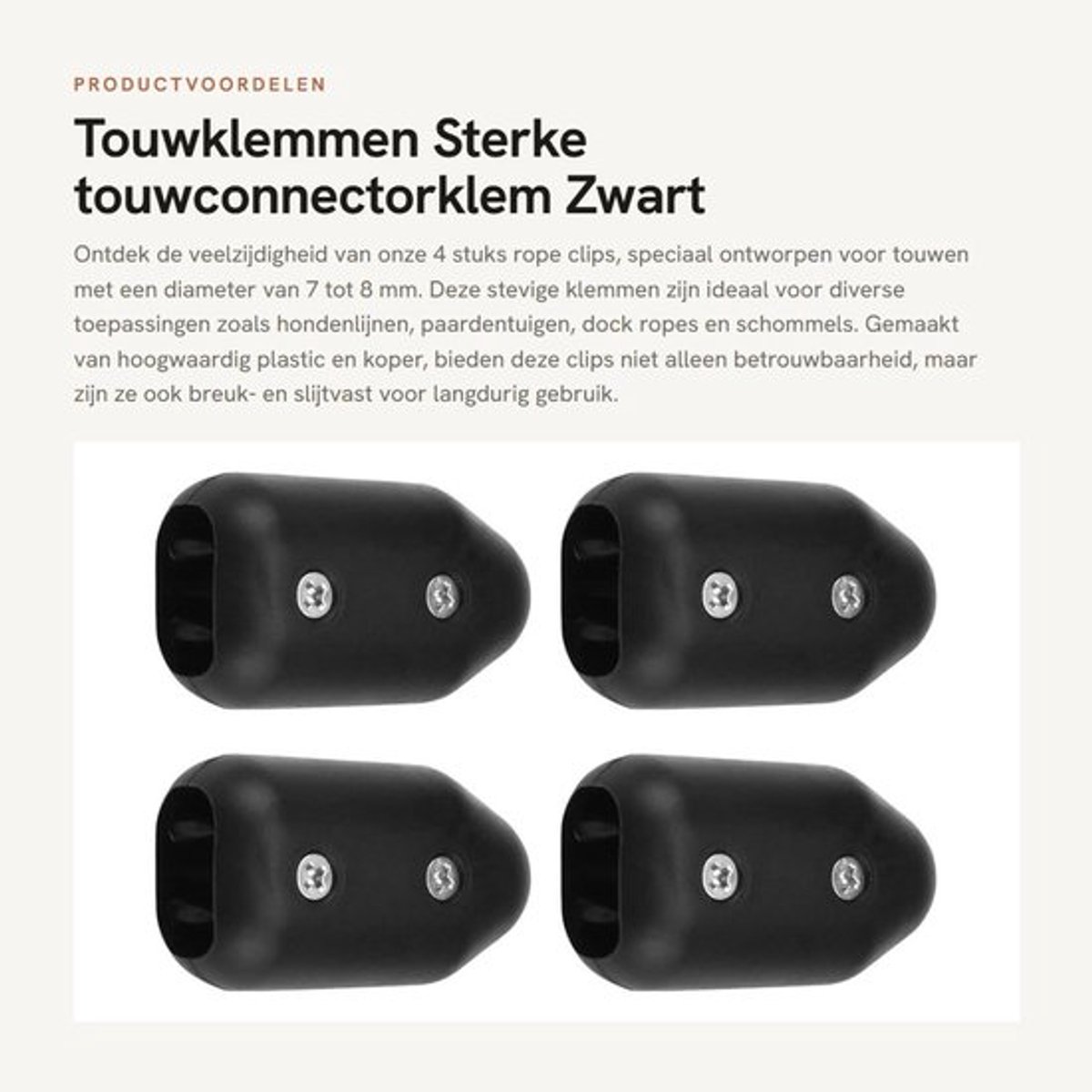 Touwklemmen 4 Stuks - Touwconnectorklem - Geschikt voor 6,5-8 mm Touw - Zwart - Sterk Gevlochten Touw - 5 x 2,7 x 2 cm - Touwconnector