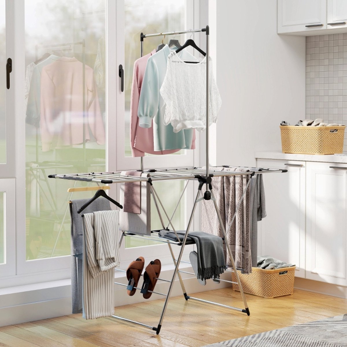 MIVRAY Wasrek – Opvouwbaar Met 4 Verstelbare Vleugelniveaus – 156,5 x 68 x 192 cm – Roestvrij Staal – Zilver – Met Schoenhouders