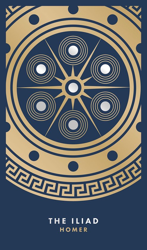 Dessin circulaire doré avec bordure clé grecque et texte 'THE ILIAD HOMER'.