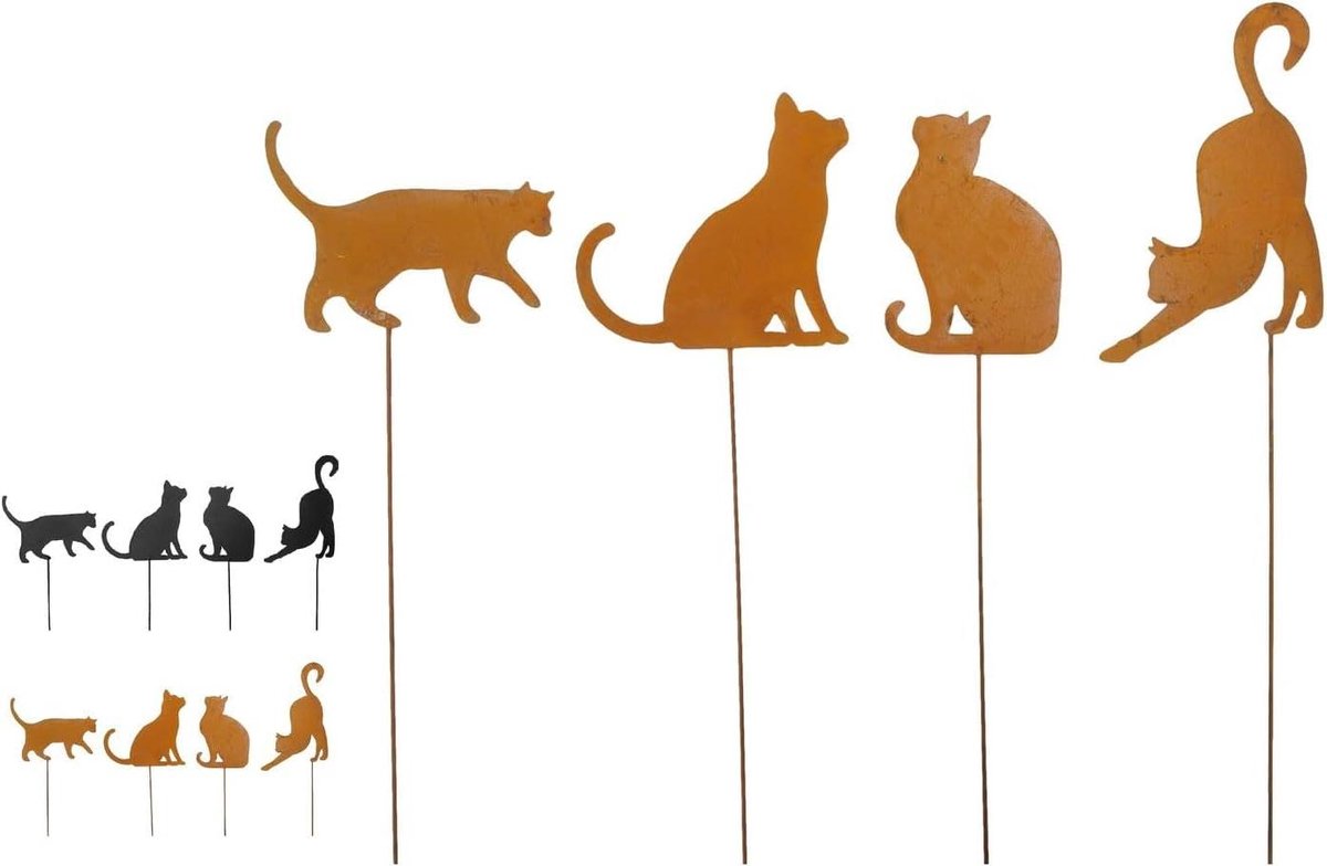 Tuinstekers Katten - Op Stok - Tuin Decoratie - Set van 4 - ca. 35-40 cm - Roestkleurig