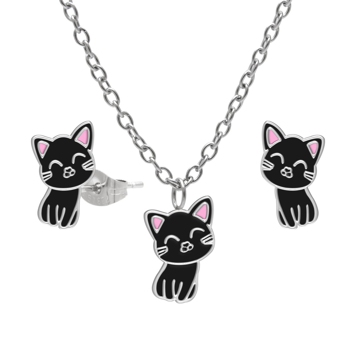 Meisjes Sieradenset Zwarte Kat – Ketting en Oorstekers – Chirurgisch Staal – Roze Details – Kindersieraden