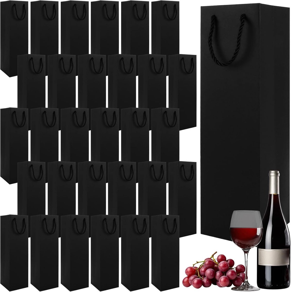 30 Stuks Zwarte Flessenzakjes van Kraftpapier, Cadeauzakjes voor Wijnflessen, 9,5 x 9,5 x 35 cm, Ideaal voor Kerstmis en Bruiloften, Met Handvat en Duurzaam Ontwerp