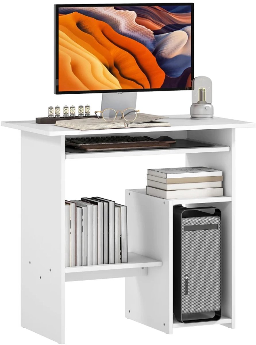 Bureau met Uitschuifbare Toetsenbordblad & Opbergruimte - Schrijfbureau - Computerbureau - Computer Tafel - Bureautafel - Desk - Game Bureau - 80 x 48 x 75 cm - Wit
