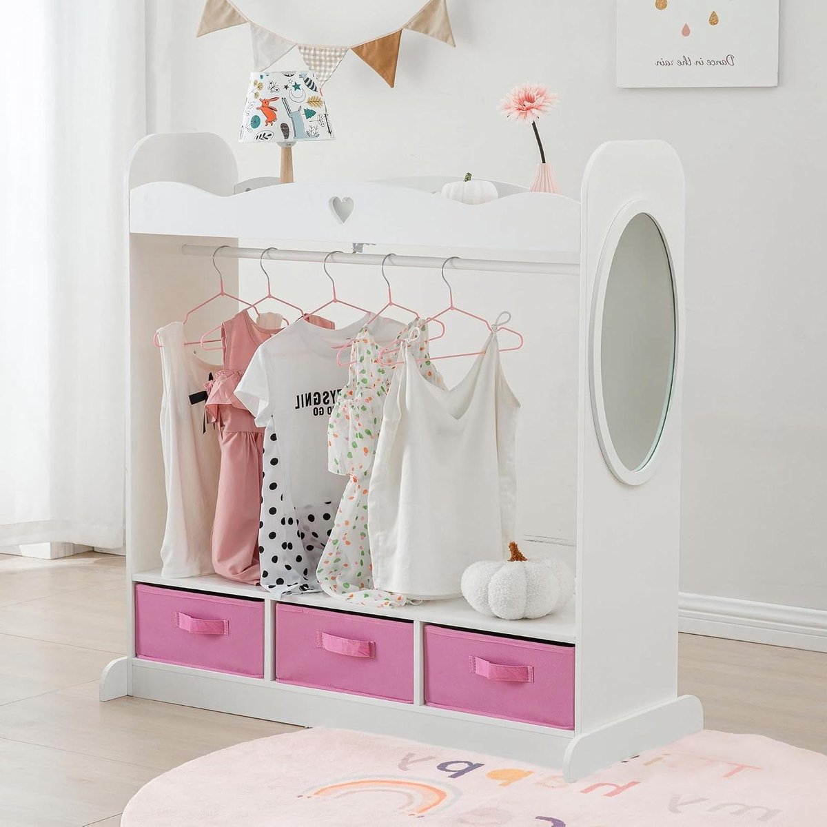 Kinderkast met spiegel - Kledingrek peuters - Kostuums opbergen - Kindvriendelijk materiaal - 385 x 42 x 165 cm - Wit