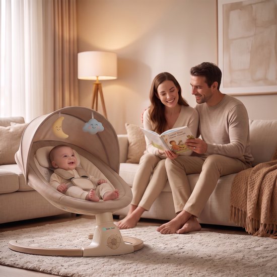 Bebe2luxe AVA Elektrische Babyschommel en Wipstoel, Bluetooth-compatibel, draagbare rustgevende babystoel met schommelbewegingen en ingebouwde geluiden (beige) — afbeelding 3
