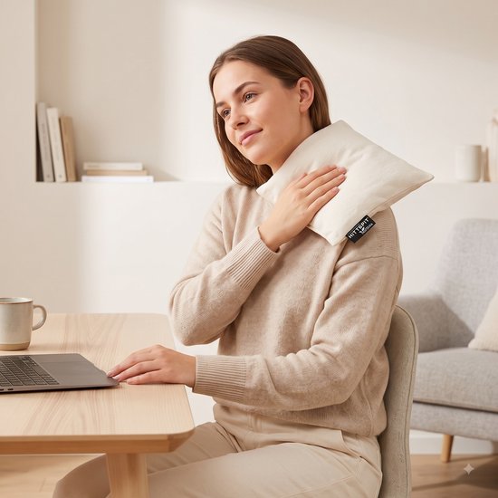 Een vrouw met een beige trui zit aan een bureau, met een crème warmtekussen op haar schouder. Het kussen heeft een zwart label.
