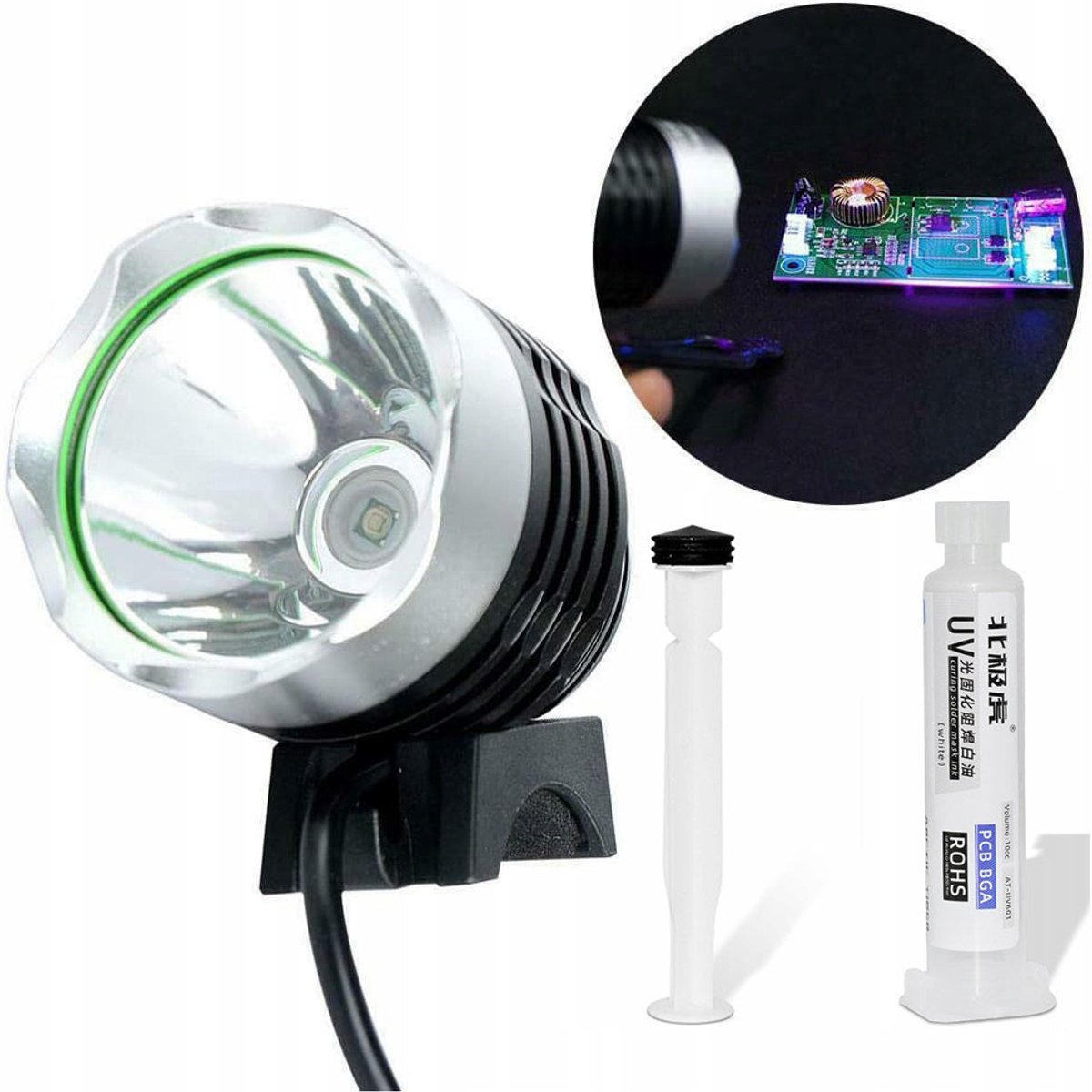 Rosfix Soldeermasker Set Spuit 10 ml - Wit met Plunjer - UV-Uitharding 5V USB 2x UV-LED 365nm