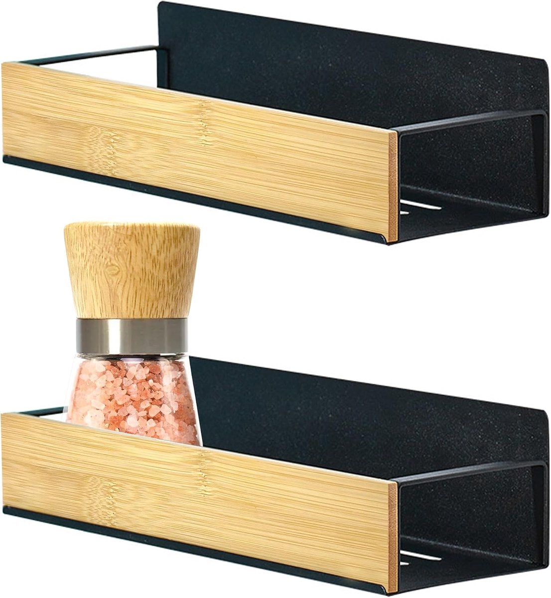 Bobypet - Magnetisch kruidenrek - Koelkast organizer - Set van 2 - Bamboe magneetplank voor keukenopslag - Voor kruidenpotjes en keukenaccessoires - 27/29cm - Zwart