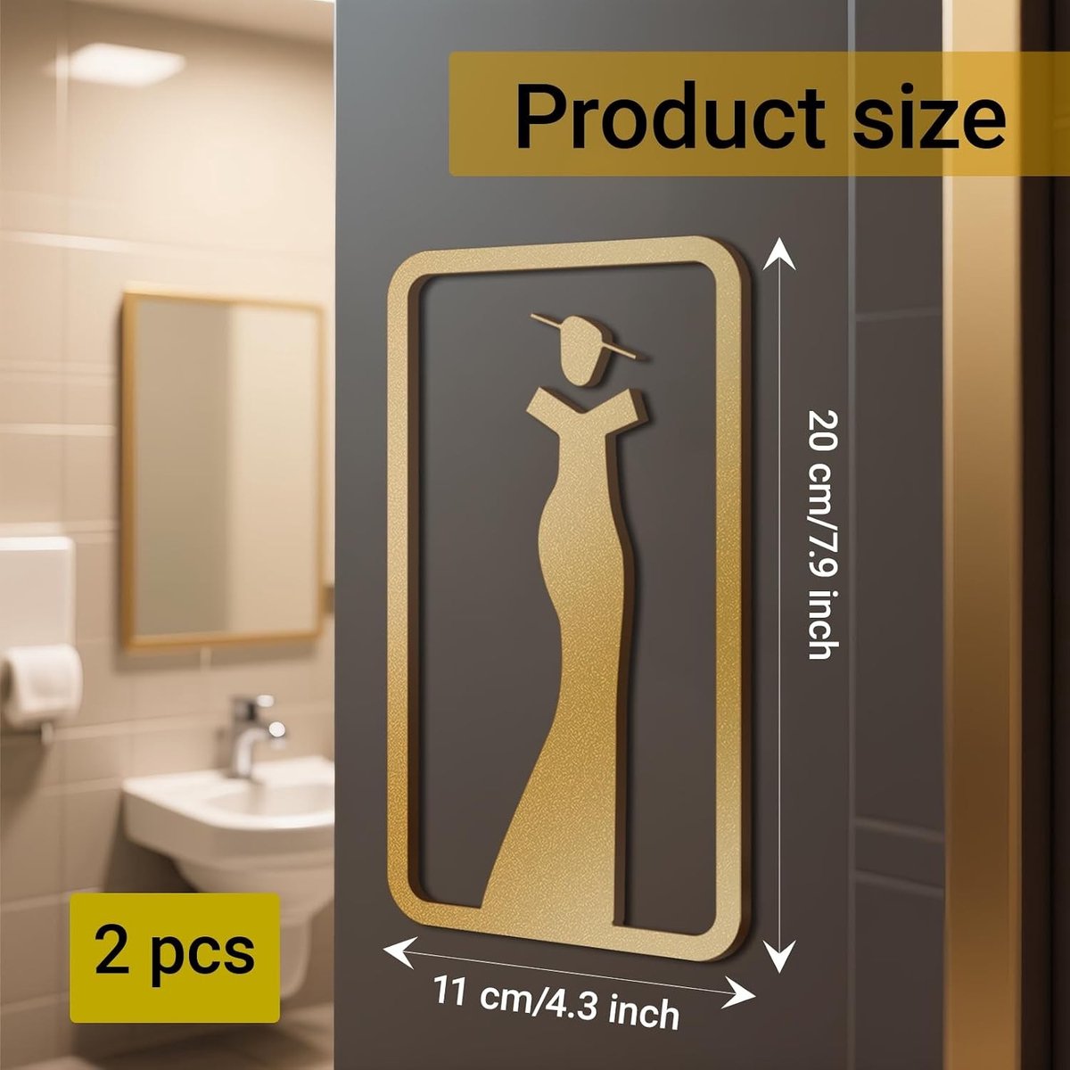 Toiletbord voor Mannen en Vrouwen van Acryl, Zelfklevend Toiletdeurbord, Modern Ontwerp voor Thuis en Kantoor, 20x11cm, Goudkleurig, Duurzaam en Stijlvol