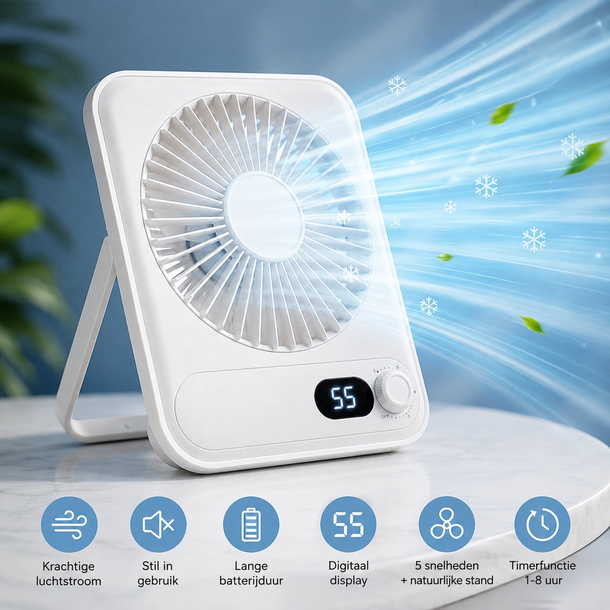 Narvie Draagbare Tafelventilator – 100 Snelheden – 2000 mAh Accu – LED-Display – USB-C Oplaadbaar – Wit