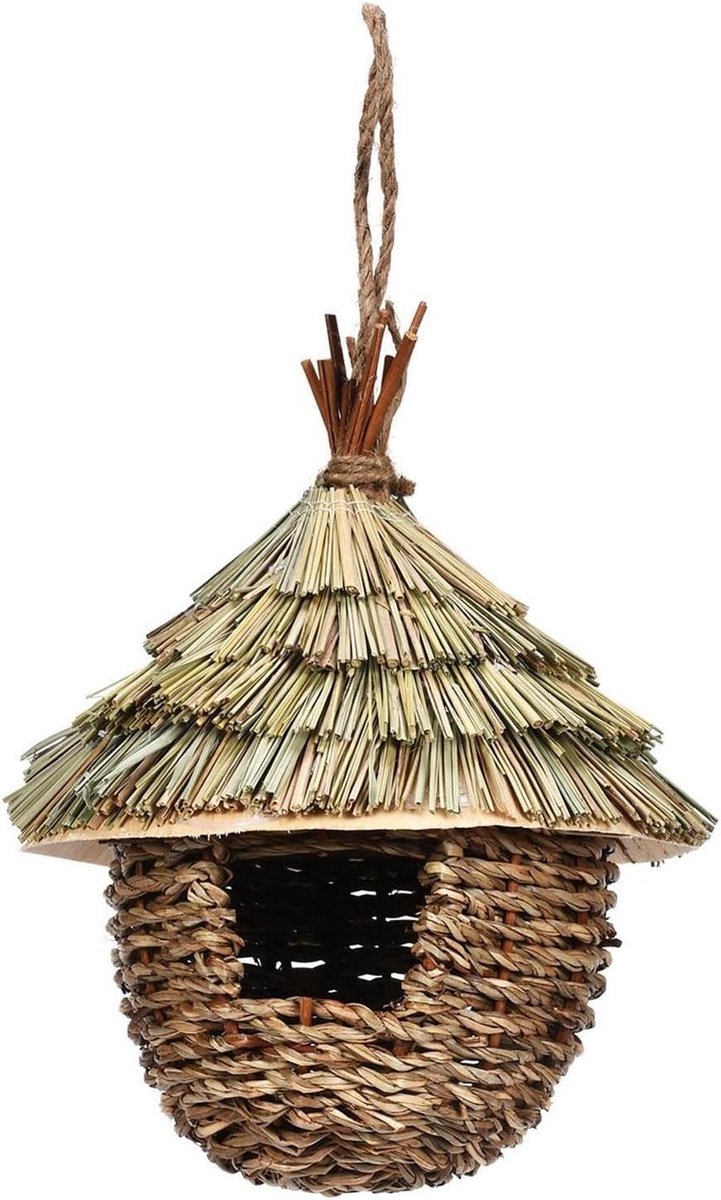 Stro Nest Ornament - Vogelhuisje Hangend - Vogels Beschermen - Handgemaakt Natuurlijk Materiaal - 17x22 cm - Veelkleurig