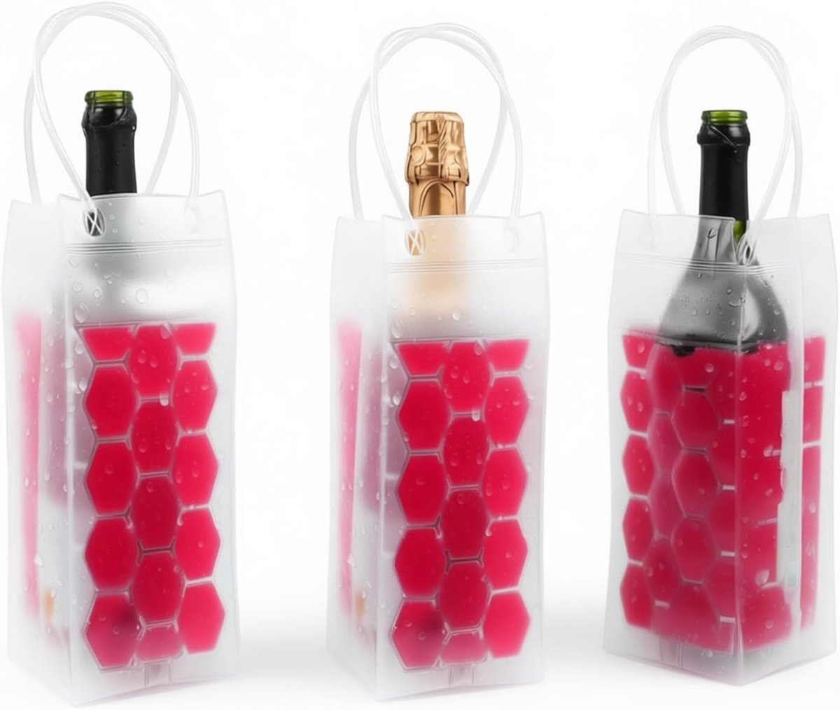 Set van 3 Wijnfles Koeltassen - Rood - Transparant - Duurzaam PVC met Versterkte Handgrepen - Voor Wijnliefhebbers