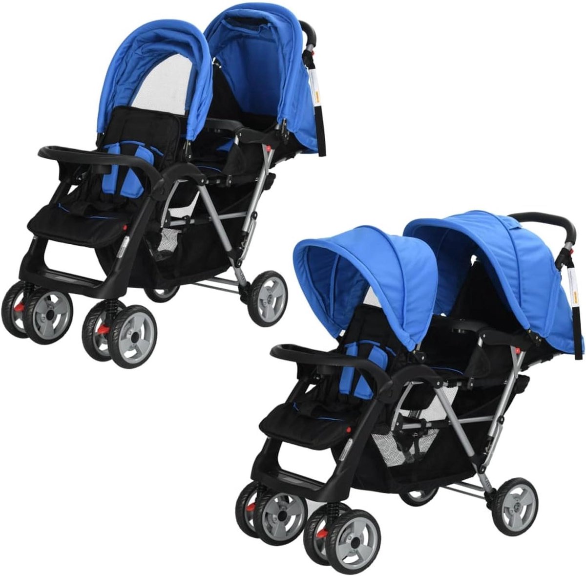 Dubbele Kinderwagen - Tandem Buggy - Kinderen Vervoeren - Stalen Frame - Tot 15 kg per kind - Blauw Zwart