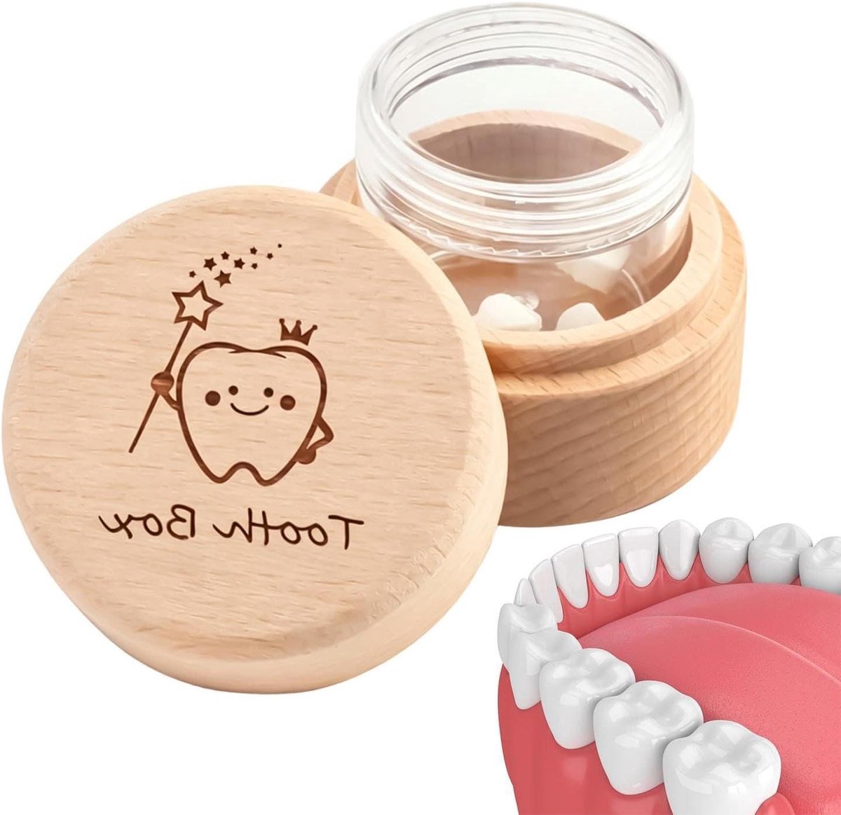 Tandenfee Bewaardoosje - Melktandjes Opslag - Herinneringen Bewaren - Natuurhouten Gevoel - 5.2 x 5.2 x 3.7 cm - Houtkleurig