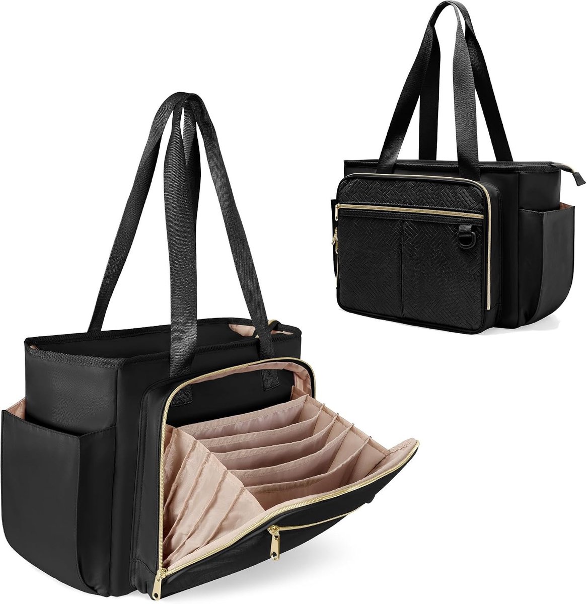 Grote Tote Bag voor Docenten met Accordeon Box, Ideaal voor Werk, Zwart en Praktisch Ontwerp
