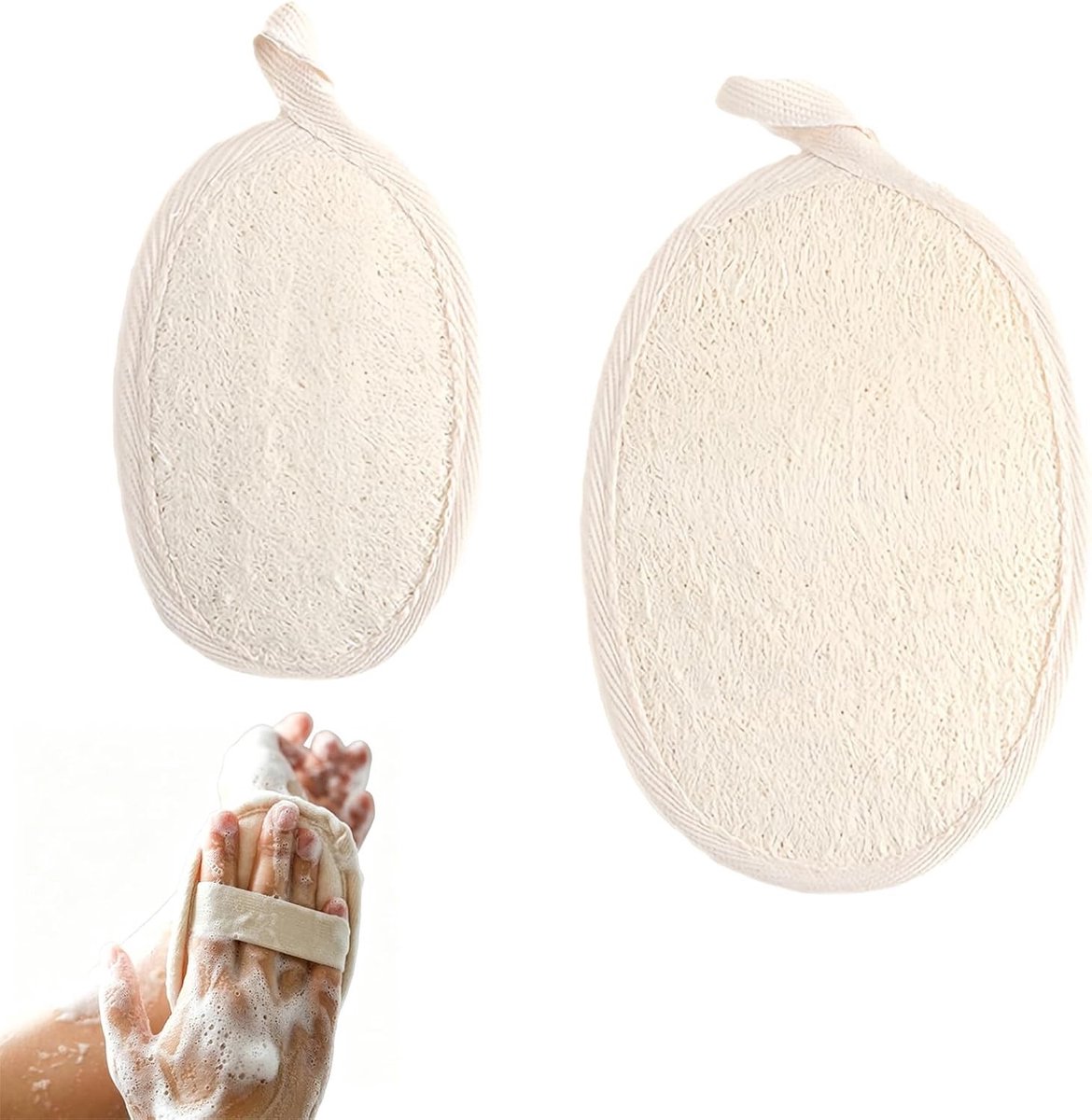 Natuurlijke Luffa Spons Set van 2 - Peeling en Scrub Spons voor Bad en Douche, Ideaal voor Gezicht en Lichaam, 16x11 cm en 12x8 cm