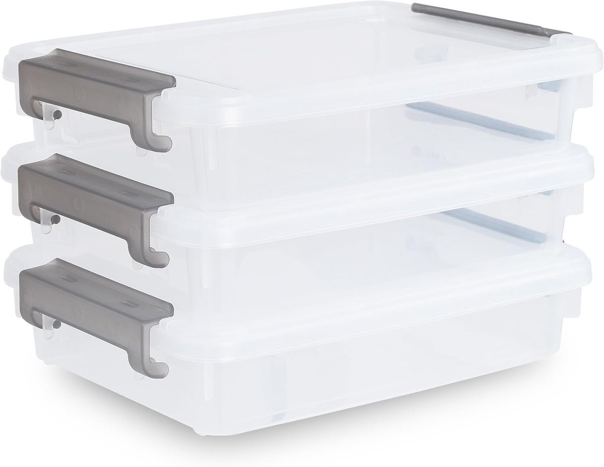 4.5L Opbergdoos Set van 3 met Deksel, Transparant, Voor A4 Papier, Foto's en Documenten, 37 x 26 x 7 cm