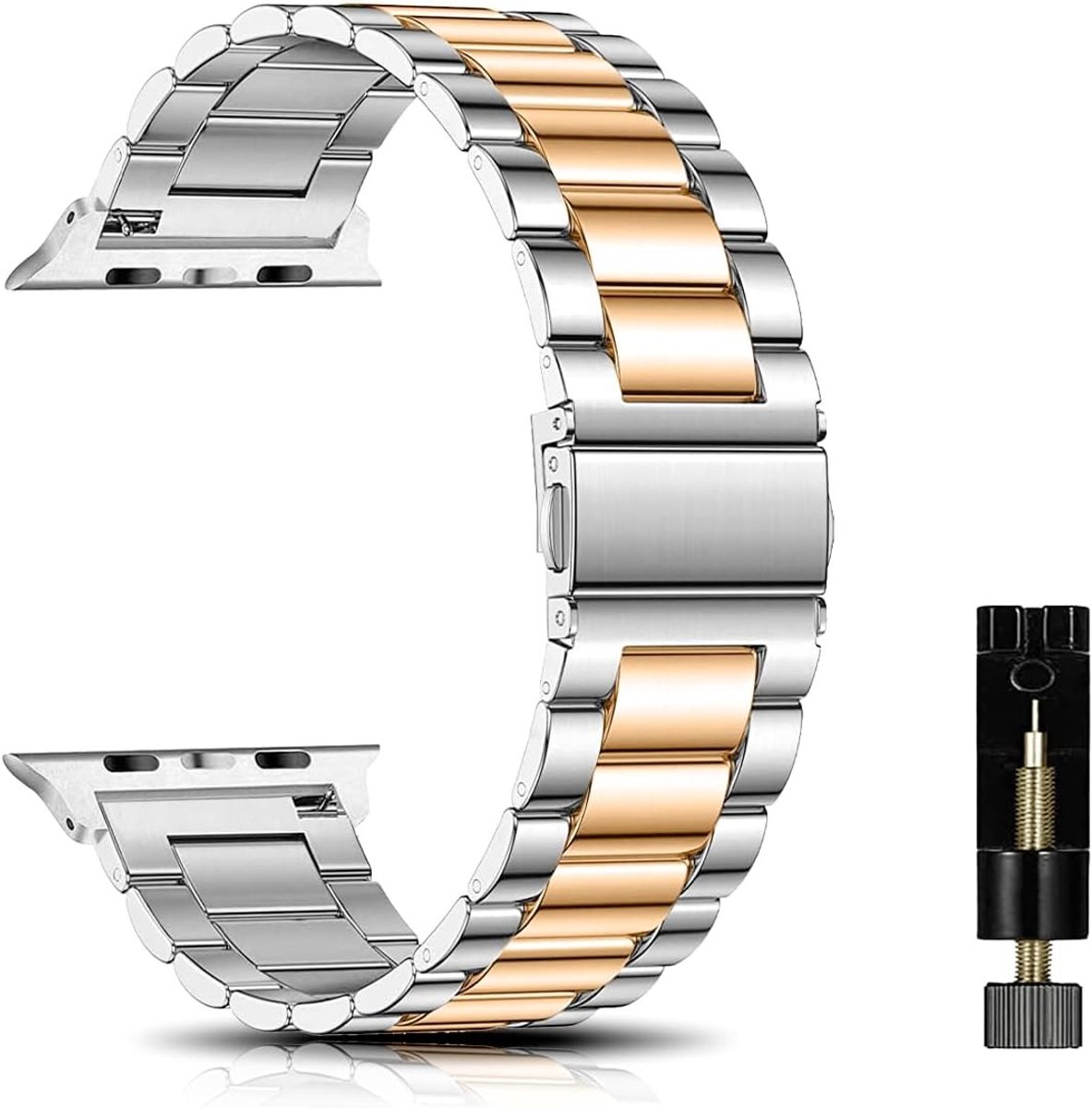 Compatibele metalen horlogeband voor Apple Watch 38 mm/40 mm/41 mm, unisex RVS horlogestraps voor 42 mm/44 mm/45 mm/49 mm, zilver en roségoud, stijlvol en duurzaam