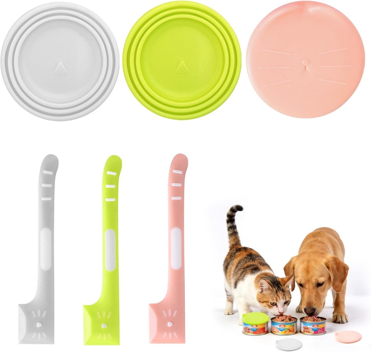 Kattenvoerlepels met Blikdeksels - Groen/Grijs/Roze - 16 cm - Herbruikbare Siliconen Lepels voor Diervoeder