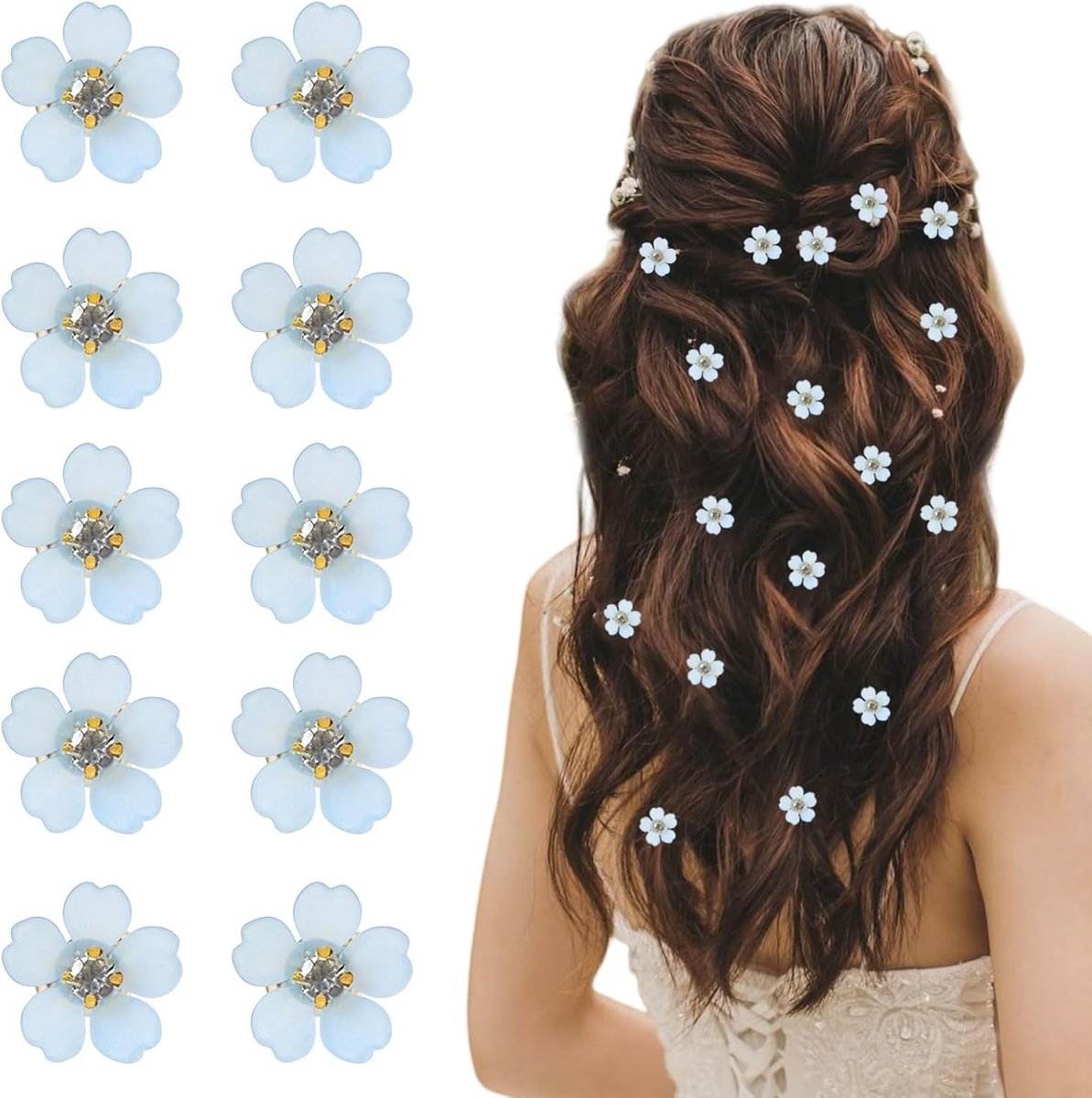 Mini Haarclips met Witte Bloemen en Strass - 20 Stuks, Schattige Haaraccessoires voor Bruidsmeisjes en Feestjes