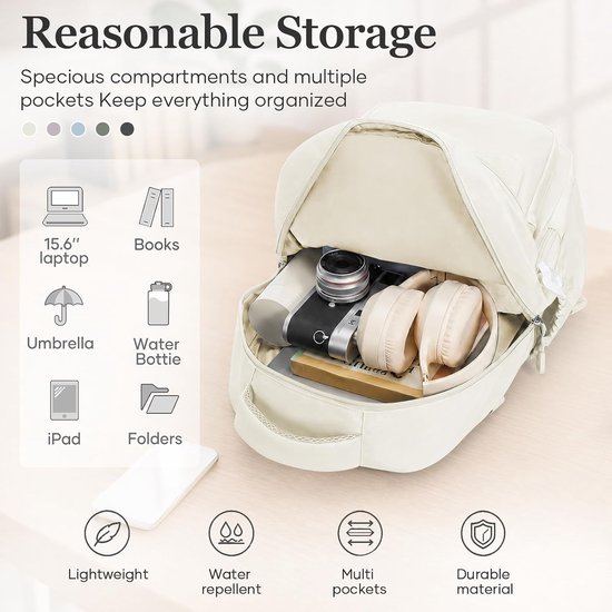 Licht beige rugzak met een open hoofdvak waarin een camera, koptelefoon en boeken zijn opgeborgen. Iconen tonen een laptop, paraplu, iPad en meer.