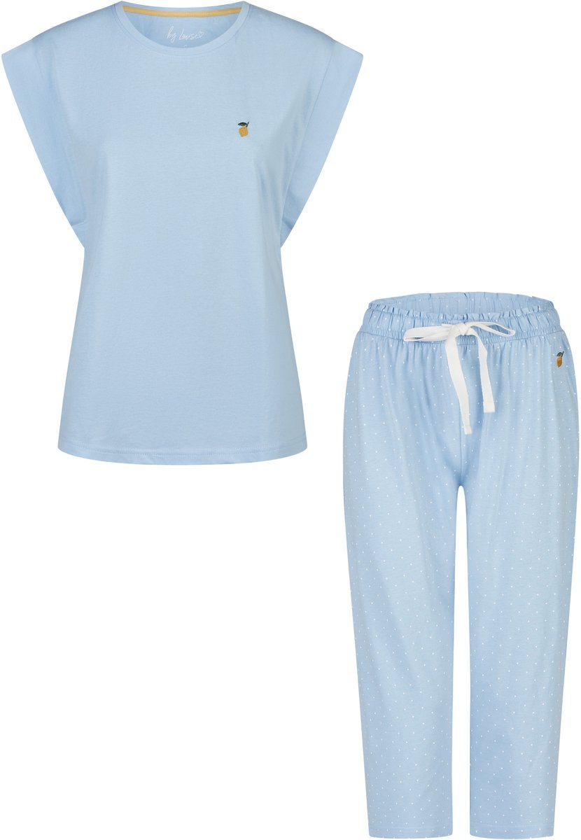 By Louise Dames Capri Pyjama Set Driekwart Kapmouw Blauw Gestipt