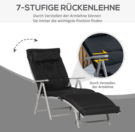 Opklapbare ligstoel/strandstoel met hoofdsteun en zitkussen - verstelbare rugleuning met 7 standen - tuinstoel/relaxstoel - draagvermogen tot 165 kg - voor tuin - vakantie en buitengebruik - zwart — afbeelding 3
