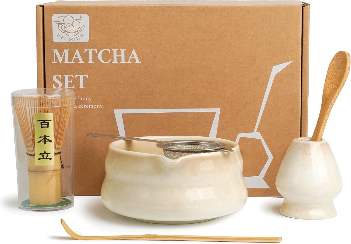 Matcha set - Beige - 550 ml - Keramische Kom en Bamboe Accessoires - Voor Authentiek Theedrinken