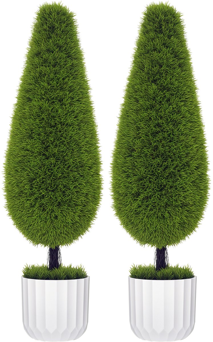 Set van 2 kunstplanten inclusief pot en kunstmos; kunstcipres - wit + groen