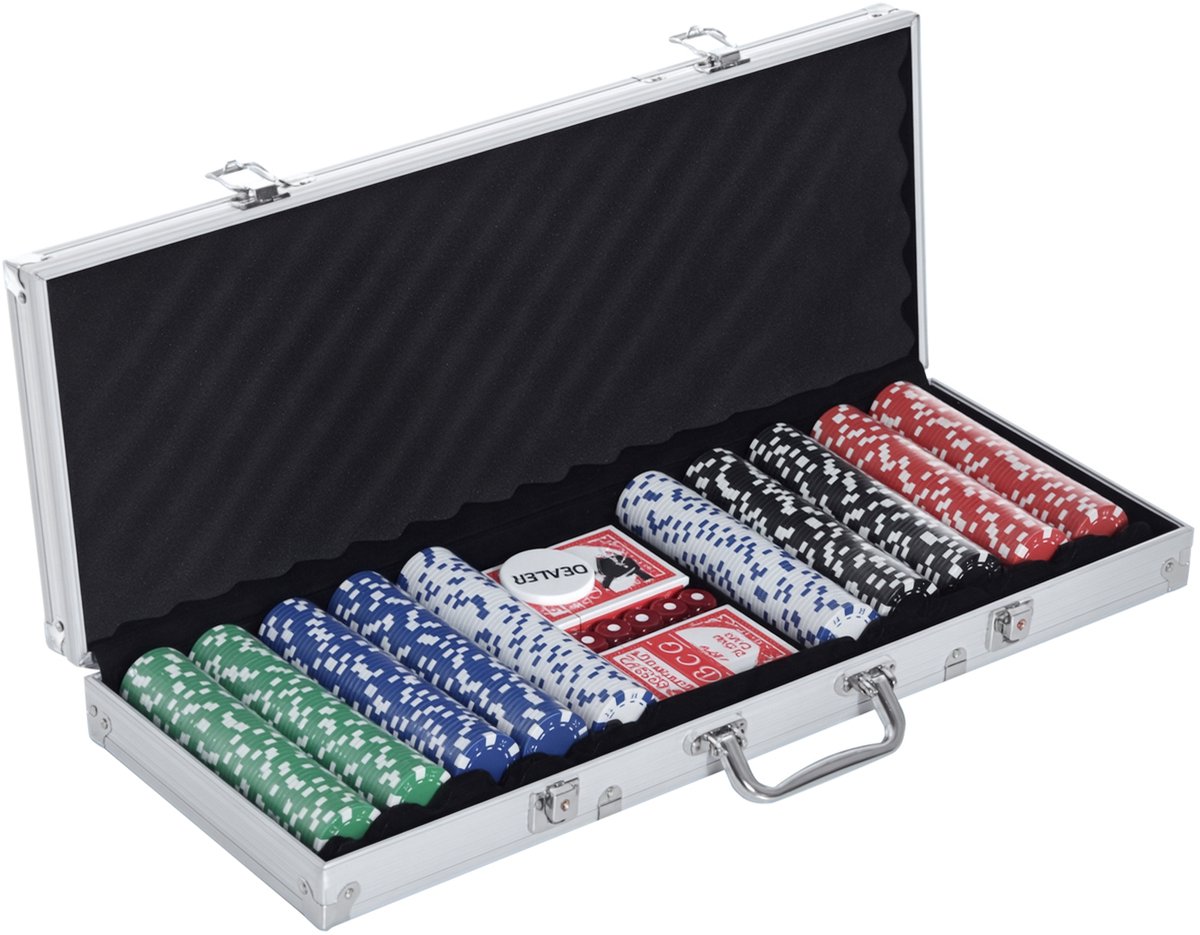 Pokerset - 500 fiches - 2 pakken speelkaarten - 5 dobbelstenen - afsluitbare aluminium koffer