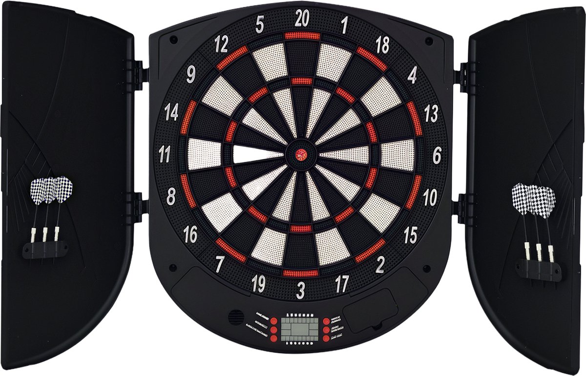 Elektronisch dartbord met gesproken instructies (Engels) - led - displays - 6 darts - 26 spellen - 185 variaties - dartmachine met deur - dartbordset voor maximaal 8 spelers.