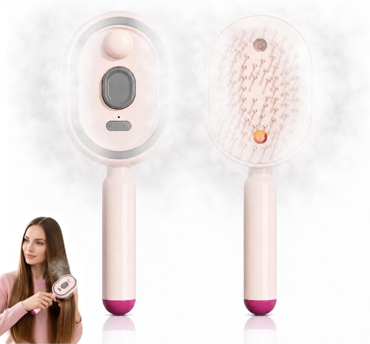 Stoomborstel - Roze - Oplaadbare Massagekam met Spray - 3-in-1 voor Dikken Haar en Krullen - Voor Thuis en Op Reis