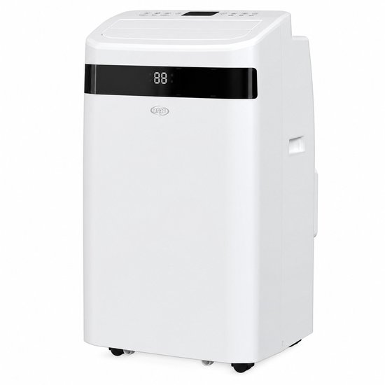 Witte mobiele airco met digitale display en wieltjes. Argo logo prominent aanwezig.