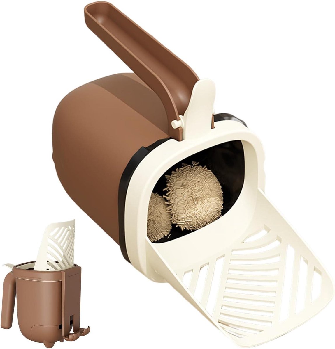 Kattenbakschep met Houder - Poepschep Afvalemmer - Kattenbak Reinigen - Geïntegreerde Afvalzakdispenser - 24 cm Hoog - Koffie