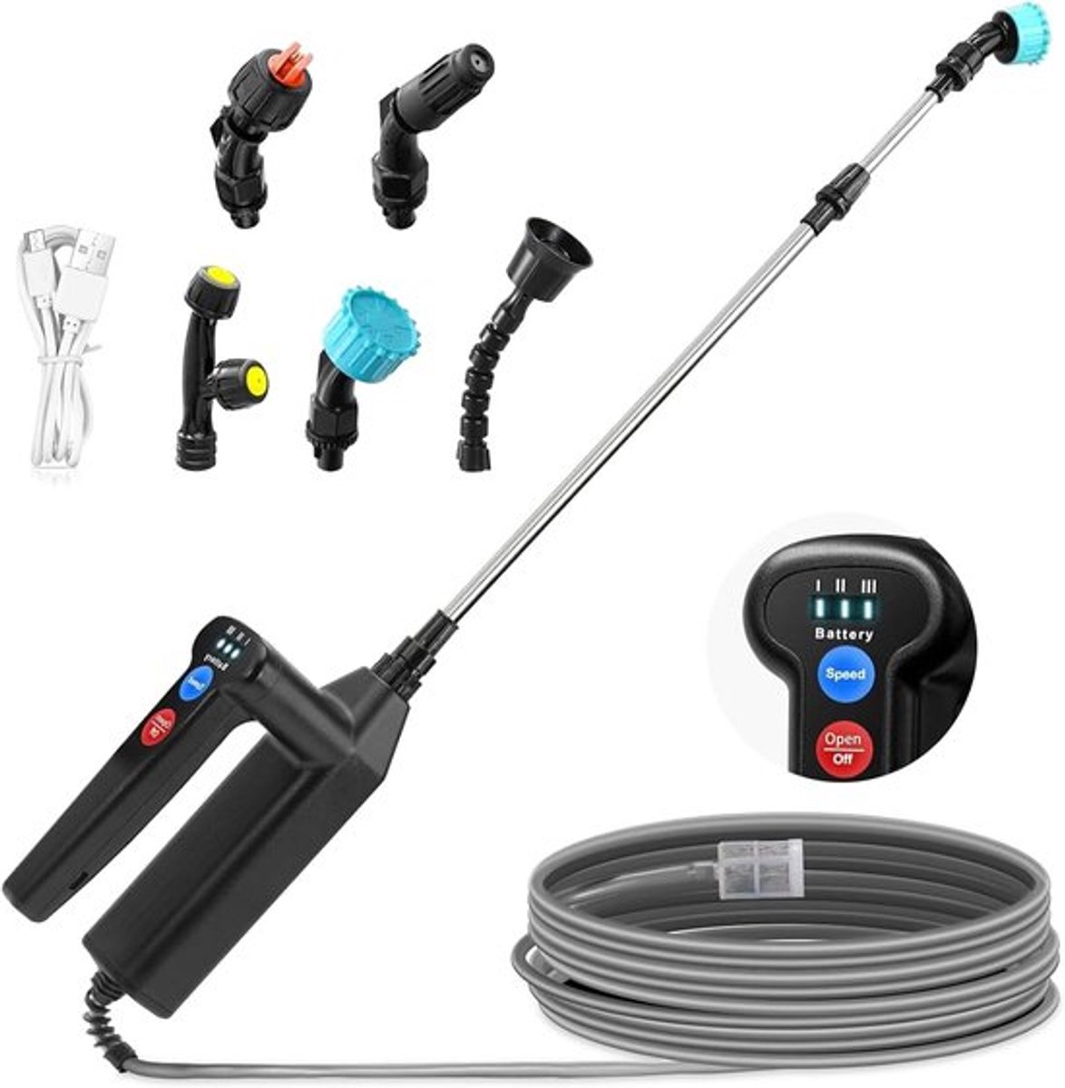 SnelShoppen - Accu Drukspuit 7.4V - Sterke Elektrische Planten Sprinkler met 5 Vernevelaars, Oplaadbare Telescopische Steel met 3 Standen, 8m Tuinslan