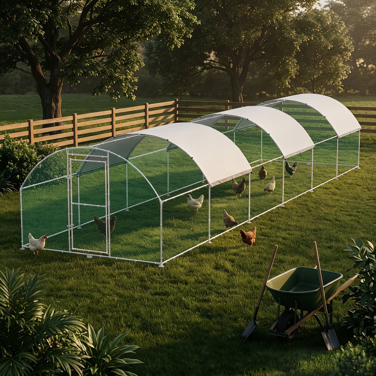 Froadp 3×12m Gebogen Verzinktstalen Houten Kippenstal, Weerbestendig Met PE-Afdichting, Afsluitbare Deur Voor Kippen Eenden Konijnen